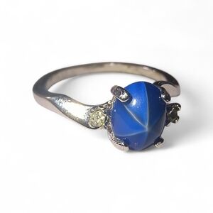 Faux Star Sapphire & 18K HGE Ring With Clear Stone Accents